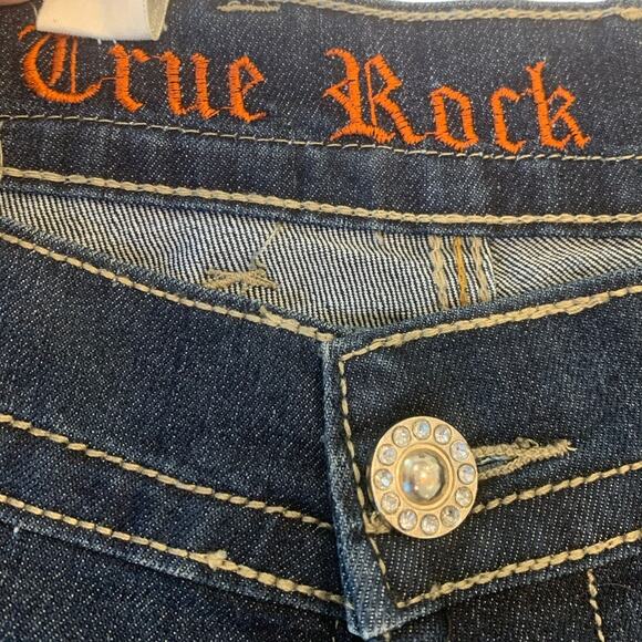 True Rock White Stitch Jeans 21/22 Blue Bling Flap Pockets Distressed Straight - Picture 3 of 13